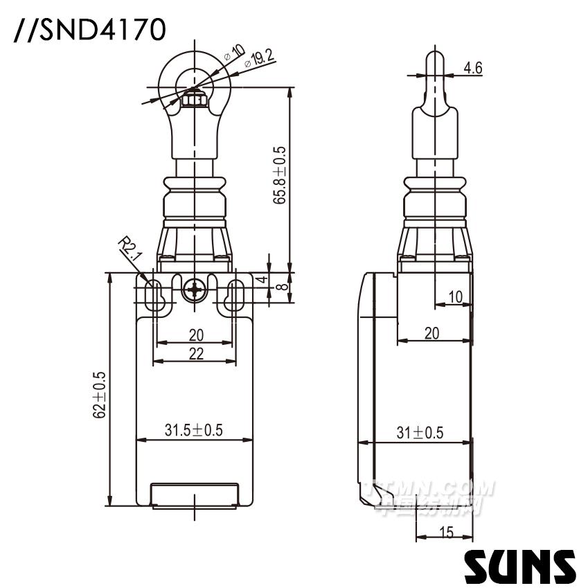 SUNS美國三實自復(fù)位拉繩開關(guān)SND4170安全拉繩開關(guān) 單向動作式拉繩開關(guān) 尺寸圖