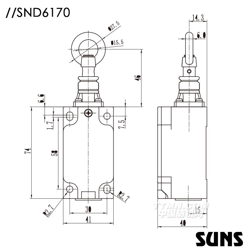 SUNS美國三實自復(fù)位安全開關(guān)SND6170安全拉繩開關(guān)（單向動作式）尺寸圖